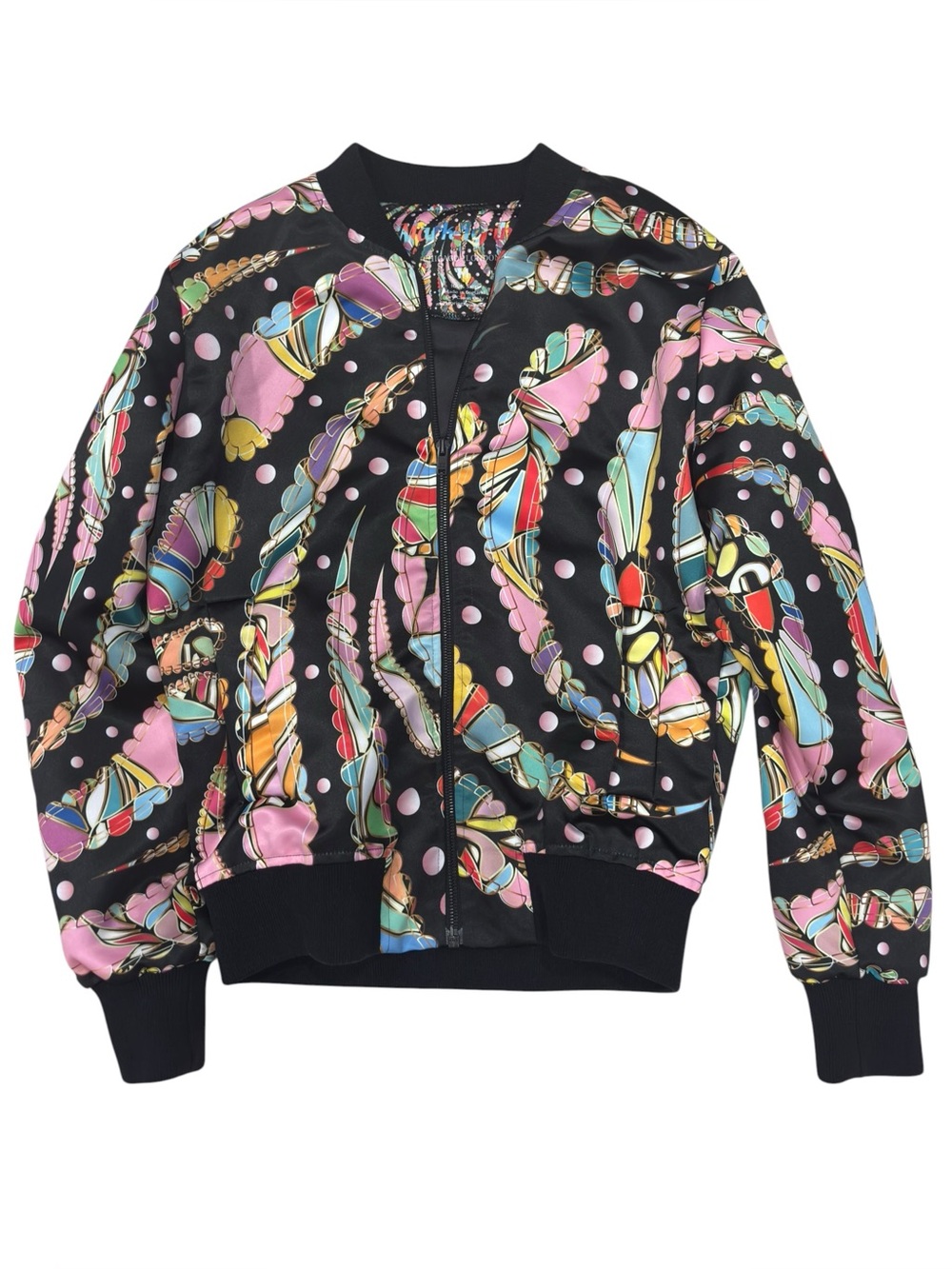 Mark Loring 100% Satin Bomber Jacket Abstract Feather Print Black Multicolor M